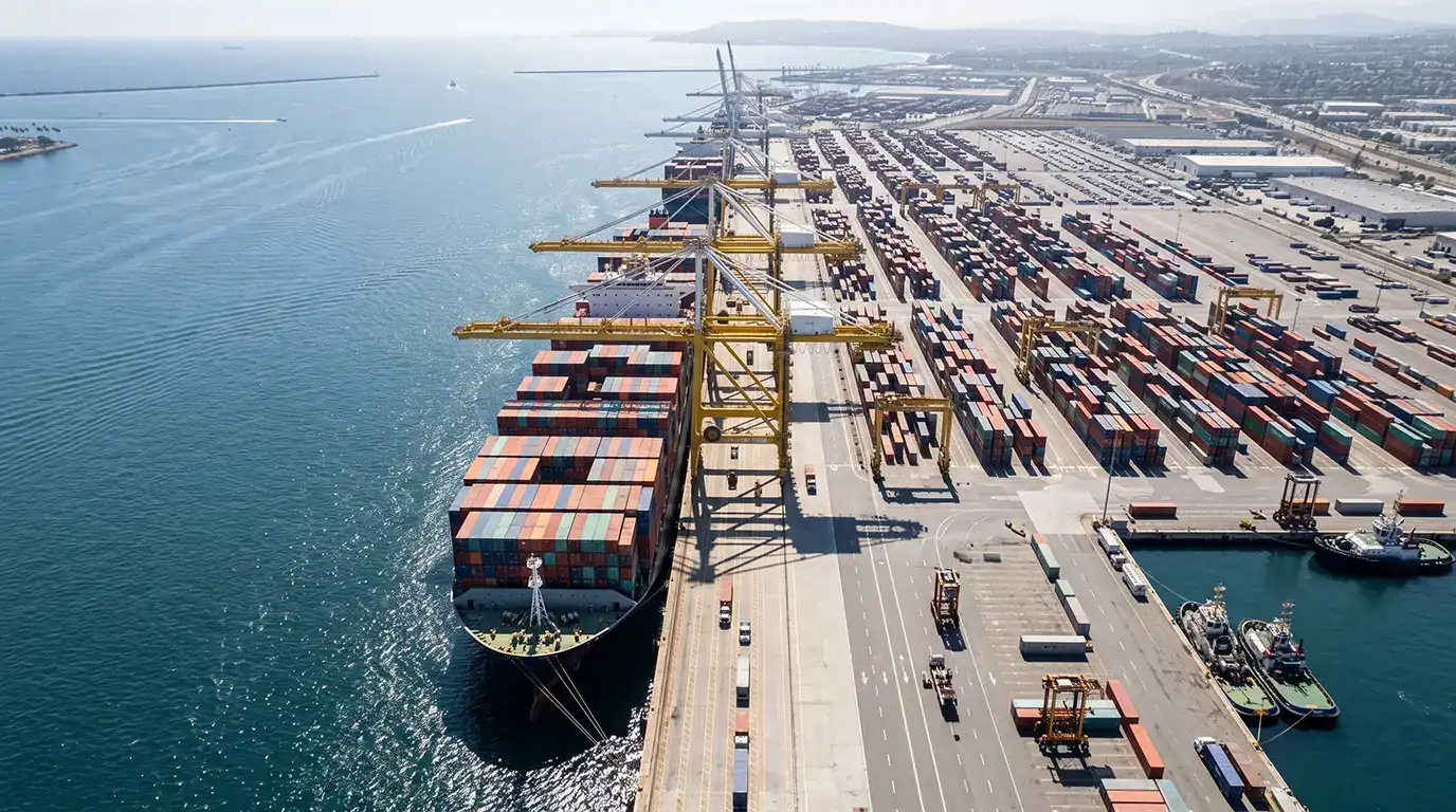 Ocean container vessel docked at Khalifa Bin Salman Port deepwater maritime terminal in Bahrain