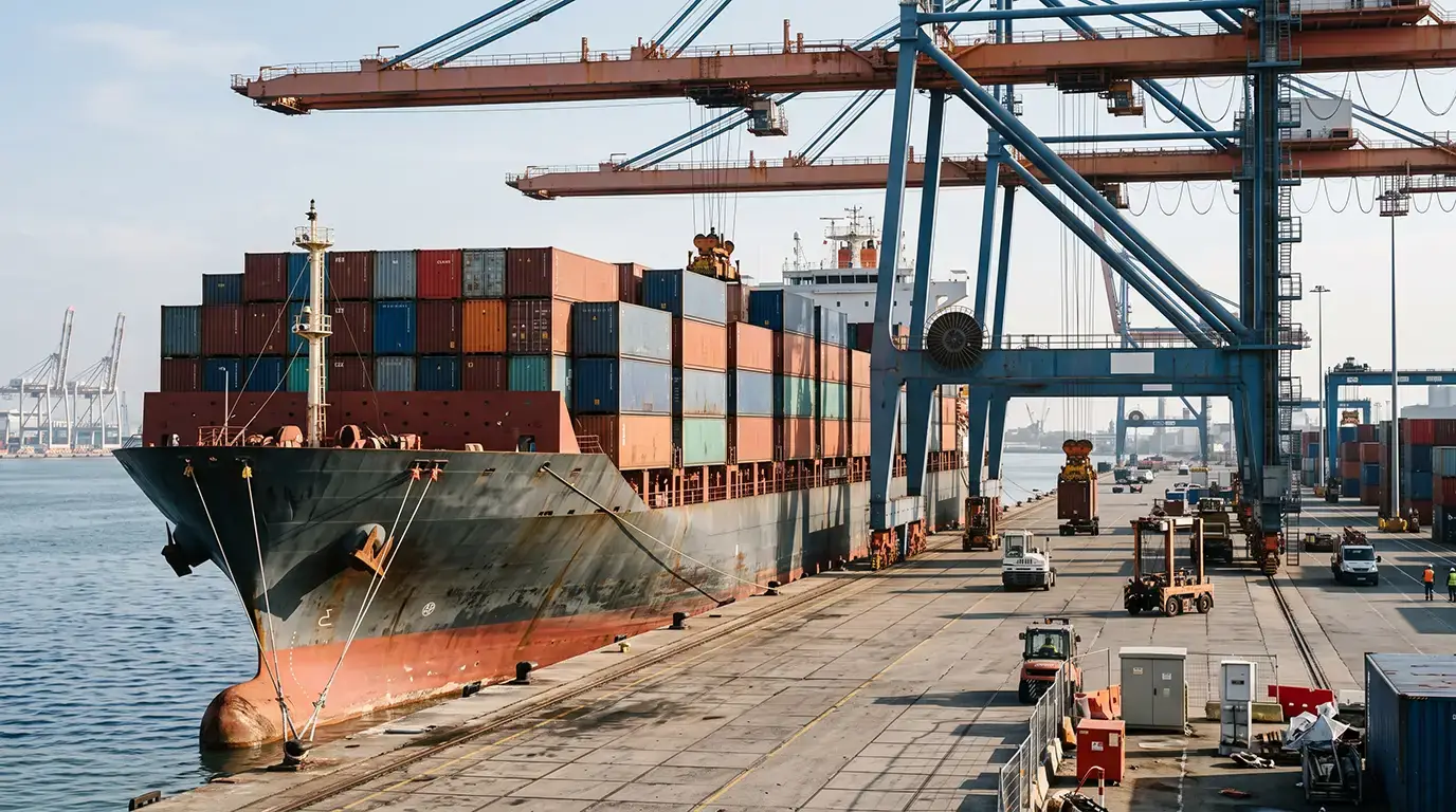 Cargo ship alongside quayside terminal with container loading crane at Port of Salalah in Oman