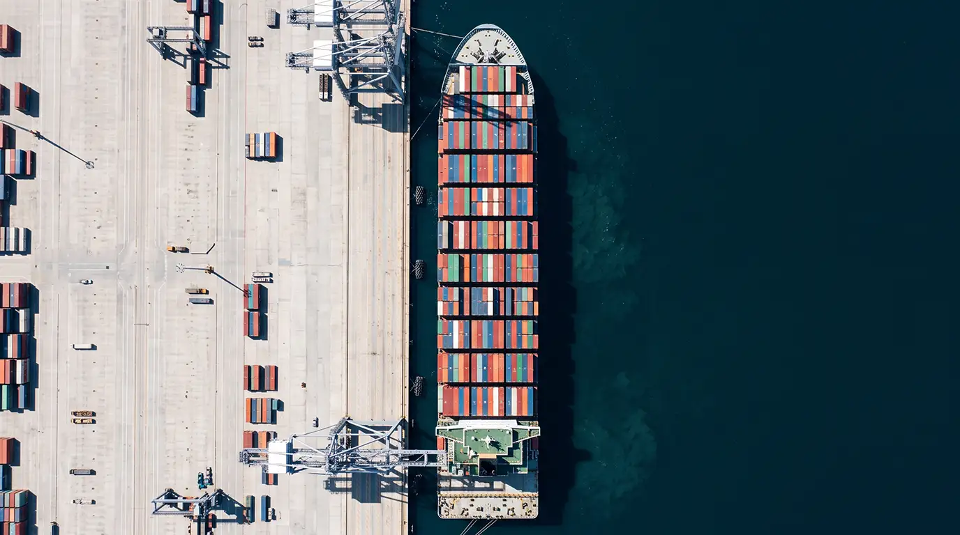 Overhead view of container cargo ship docked at Port of San Juan terminal in Puerto Rico