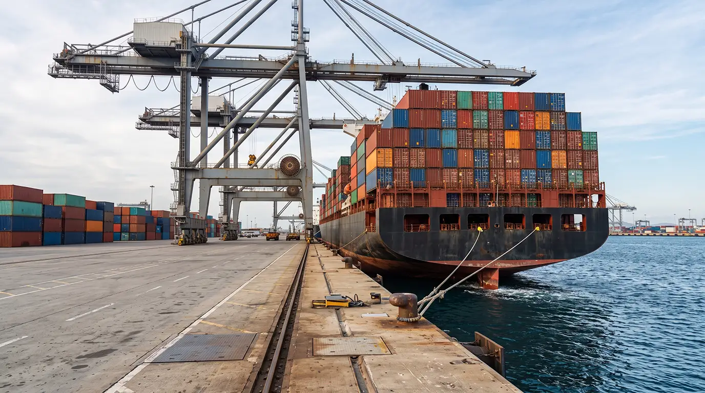 Ocean container vessel berthed at port terminal for vehicle shipping to Saudi Arabia