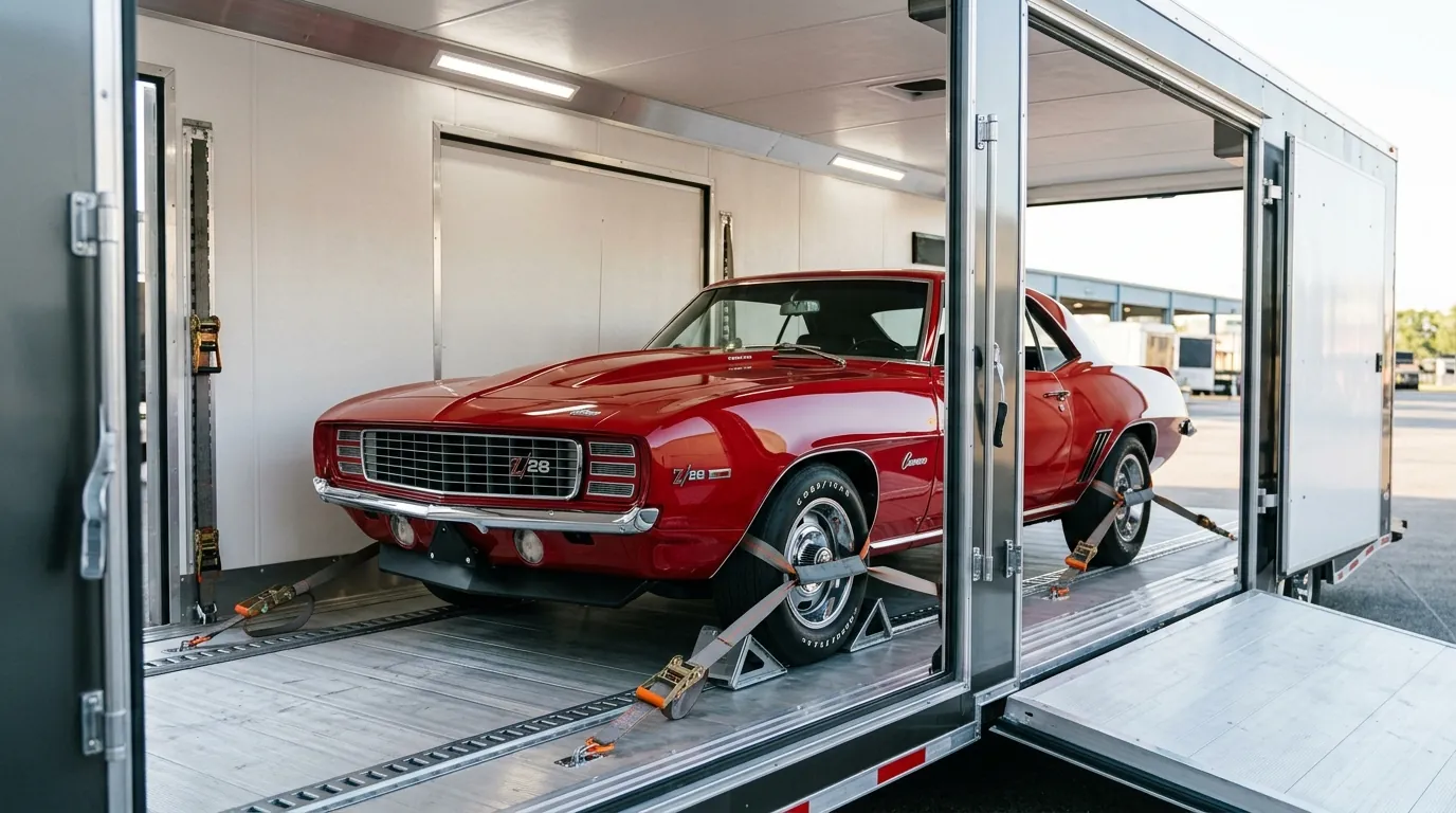 High-value luxury sports car prepared for enclosed transport