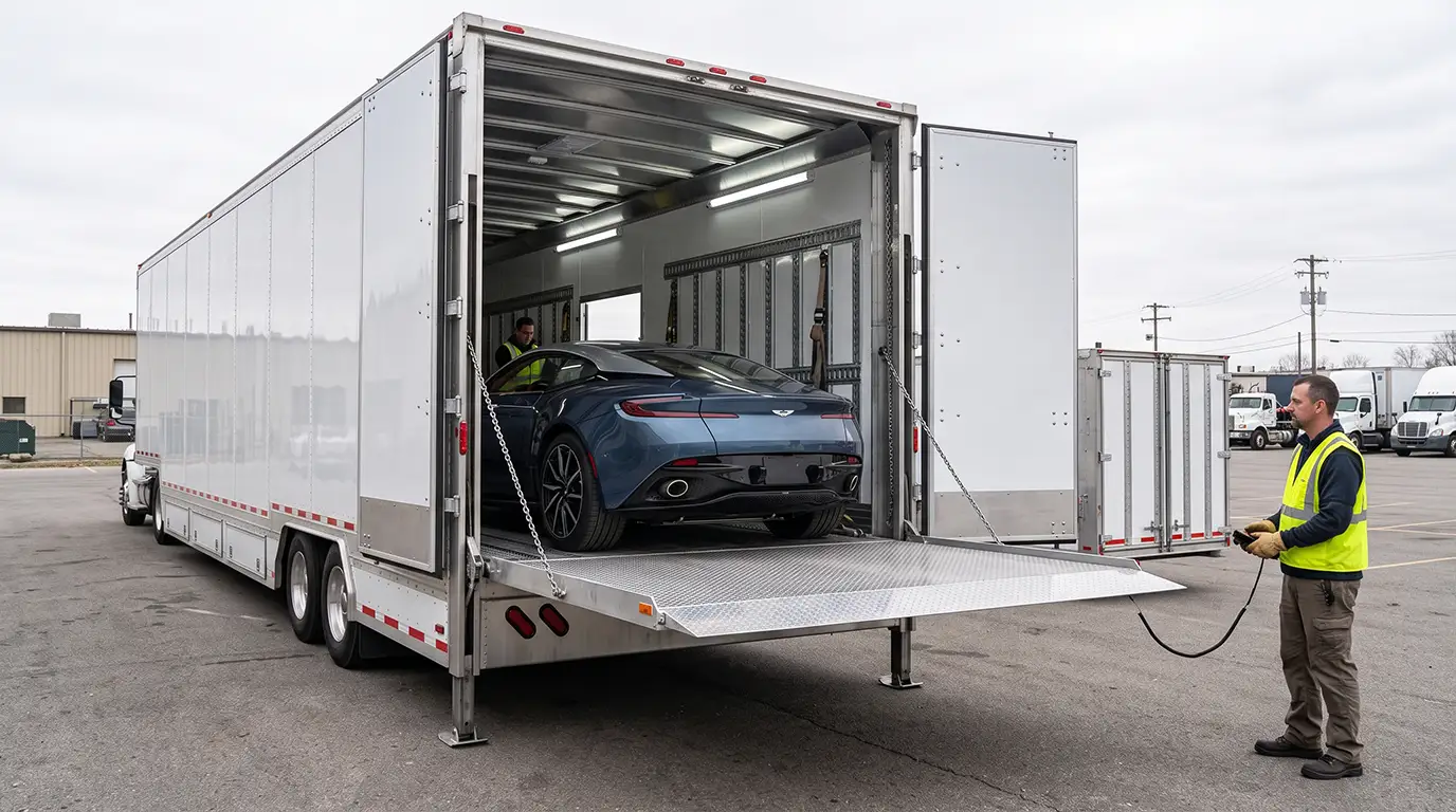 Technician operating hydraulic liftgate pendant loading a luxury sports car into an enclosed auto trailer