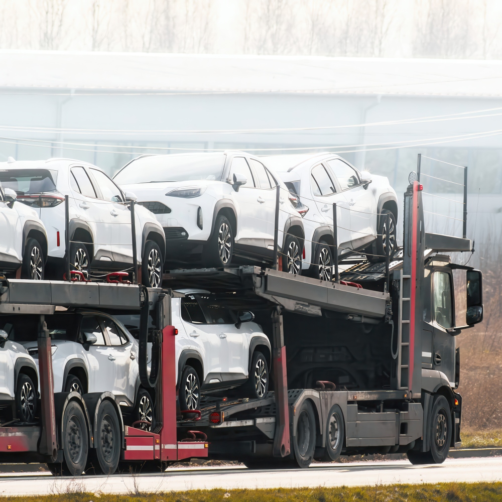 Vehicle being carefully loaded onto a commercial transport carrier